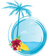 Round summer banner with palm tree and tropical flowers Round summer banner with palm tree and tropical flowers