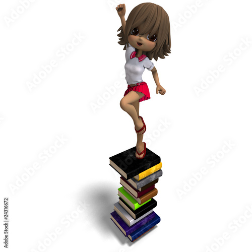 Cute Small Girls Images on Photo  Cute Little Cartoon School Girl With Many Books  3d Rendering