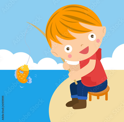 fishing net cartoon. Boy fishing, cartoon