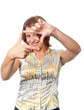 Smiling girl shows gesture Smiling girl shows gesture