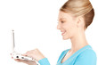 happy woman with laptop computer