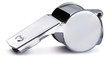 Photo: chrome silver referee pea whistle on a white background chrome silver referee pea whistle on a white background