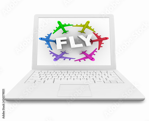 Illustration: Fly Word and Planes on White Laptop Computer Fly Word and Planes on White Laptop Computer