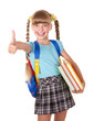 Schoolgirl with backpack holding books and showing thumb up.