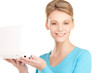 happy woman with laptop computer