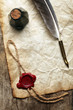 Blank paper with wax seal, quill & ink