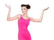 woman posing in pink with hands lifted upwards woman posing in pink with hands lifted upwards