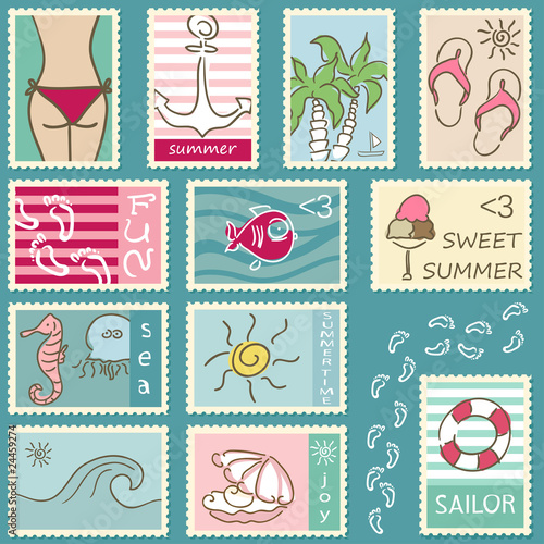 Vektor: summer doodle postage stamps summer doodle postage stamps