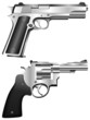 Silver pistol and revolver.