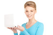 happy woman with laptop computer