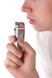 Man speak in dictaphone. Close-up