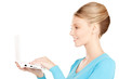 happy woman with laptop computer