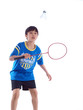 cute boy playing badminton ready to block