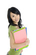 Young woman university student with notebooks.