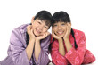 Happy young mother and daughter on isolated