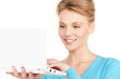 happy woman with laptop computer