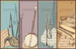music theme banners-bagpipe, banjo, trumpet, piano