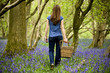 A young woman walking through the woods, holding a picnic basket