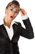 surprised modern business woman  with eyeglasses in hand