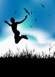 Summer holiday, man is jumping on meadow, black silhouette