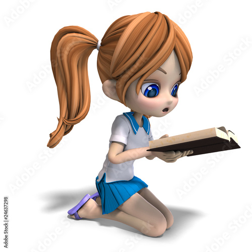 Cute Small Girls Pictures on Photo  Cute Little Cartoon School Girl Reads A Book  3d Rendering With