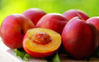 Mature peachs on green background.