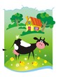 Summer background with small house and cow