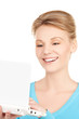 happy woman with laptop computer