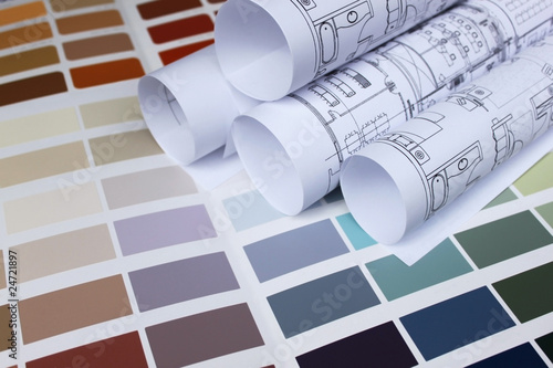 Photo: blueprint of home with background of paint color palette blueprint of home with background of paint color palette