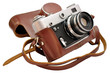 Isolated used vintage film photo-camera in leather case