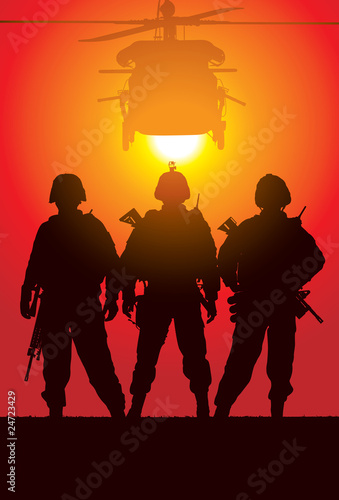 Vektor: Vector silhouette of tree soldiers with helicopter Vector silhouette of tree soldiers with helicopter