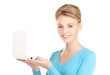 happy woman with laptop computer