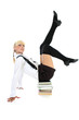 schoolgirl sitting on stacked books