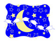 Six sheep frolicking among the crescent moon and stars.