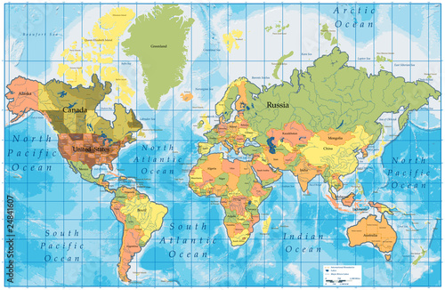 Vector: Map with all names of countries, rivers - easy editable colors Map with all names of countries, rivers - easy editable colors