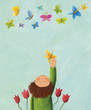 Boy and colorful butterflies