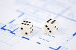 architectural plan with two white dices