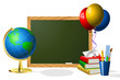Blank blackboard with school accessories.