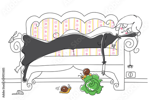 Illustration: La pigrizia: donna addormentata sul divano con lumache La pigrizia: donna addormentata sul divano con lumache