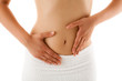 Woman massaging pain stomach isolated on white Woman massaging pain stomach isolated on white