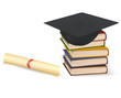 Graduation cap laying on stack of books. Vector.