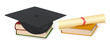 Graduation cap and diploma laying on books. Vector.