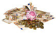 piggy bank money box with a euro coin on fifty euro banknotes piggy bank money box with a euro coin on fifty euro banknotes