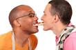 Mixed ethnicity  gay couple kitchen