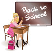 The schoolgirl sits at a school desk. vector
