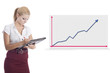 woman signing a document and business graph