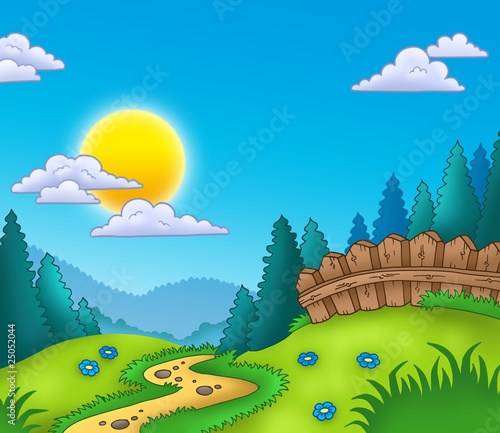 Illustration: Country landscape with Sun Country landscape with Sun