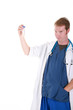 A scientist  holds a test tube in his hands.