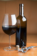 One glass and a bottle of red wine