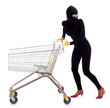 thief in black clothes and balaclava with shopping cart